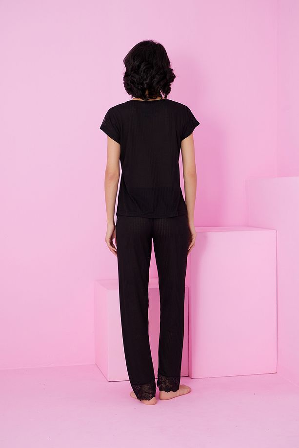 siyah Soft Touch İnce Mevsimlik Dantel Detaylı Örme Pijama Takım7864 - 3