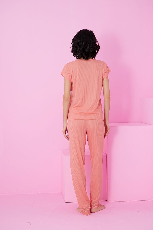 somon Soft Touch İnce Mevsimlik Dantel Detaylı Örme Pijama Takım7864 - 3