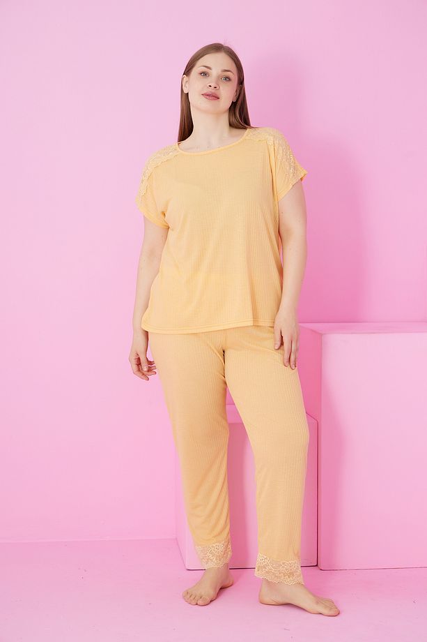 sarı Soft Touch İnce Mevsimlik Battal Büyük Beden Dantel Detaylı Örme Pijama Takım7867 - 2