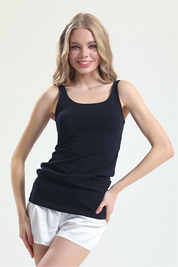 2021 Penye Kumaşlı Dar Askılı Uzun Atlet - Siyah - 1