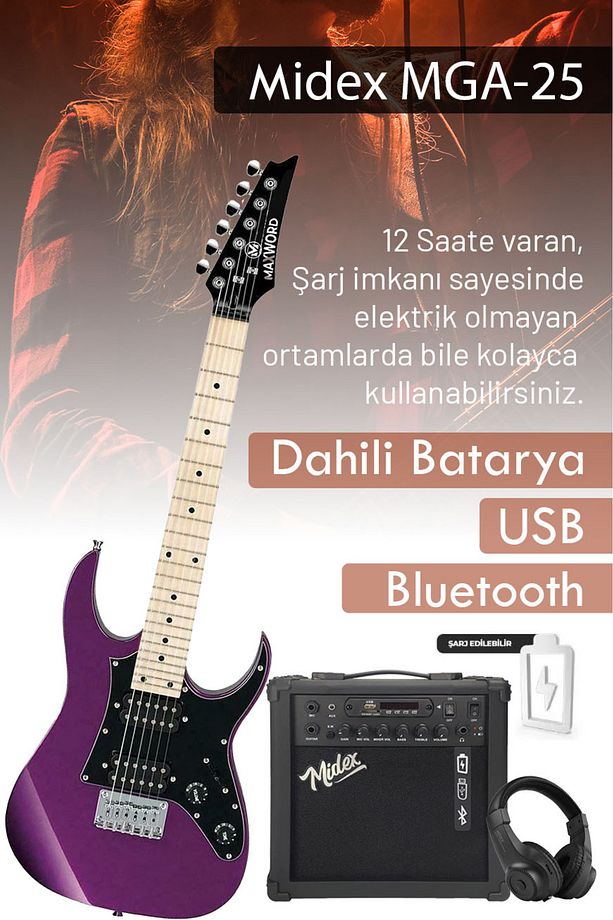 De-150pu-25amp Maple Klavye Hh Yüksek Kaliteli 25w Amfili Elektro Gitar Seti - 3