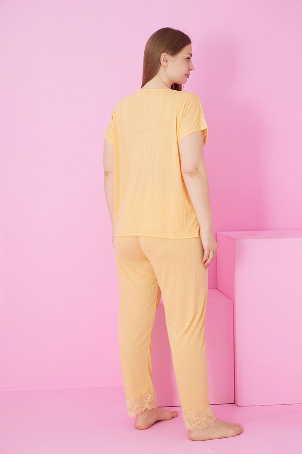 sarı Soft Touch İnce Mevsimlik Battal Büyük Beden Dantel Detaylı Örme Pijama Takım7867 - 3