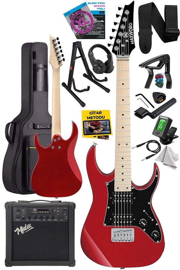 De-150rd-25amp Maple Klavye Hh Yüksek Kaliteli 25w Amfili Elektro Gitar Seti - 4