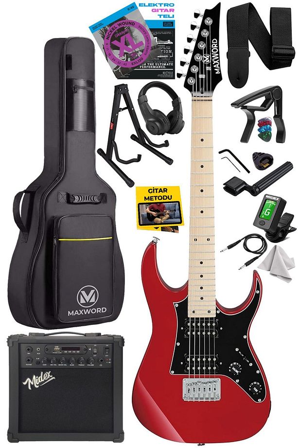 De-150rd-25amp Maple Klavye Hh Yüksek Kaliteli 25w Amfili Elektro Gitar Seti - 1