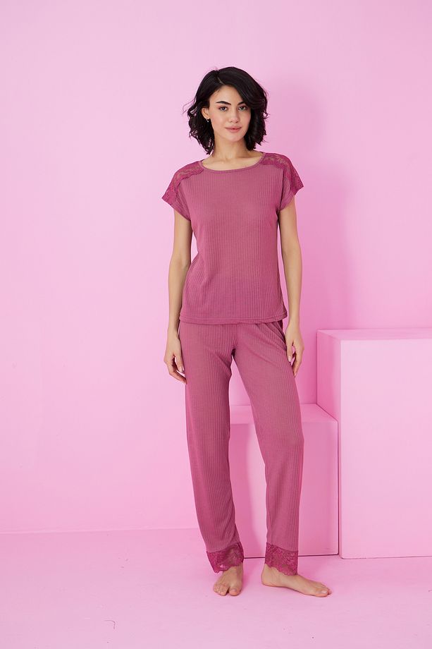 vişne Soft Touch İnce Mevsimlik Dantel Detaylı Örme Pijama Takım7864 - 2
