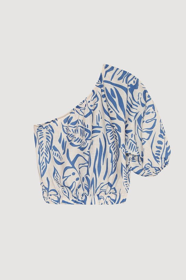 Tropik Desenli Tek Omuz Crop Bluz Mavi - 3