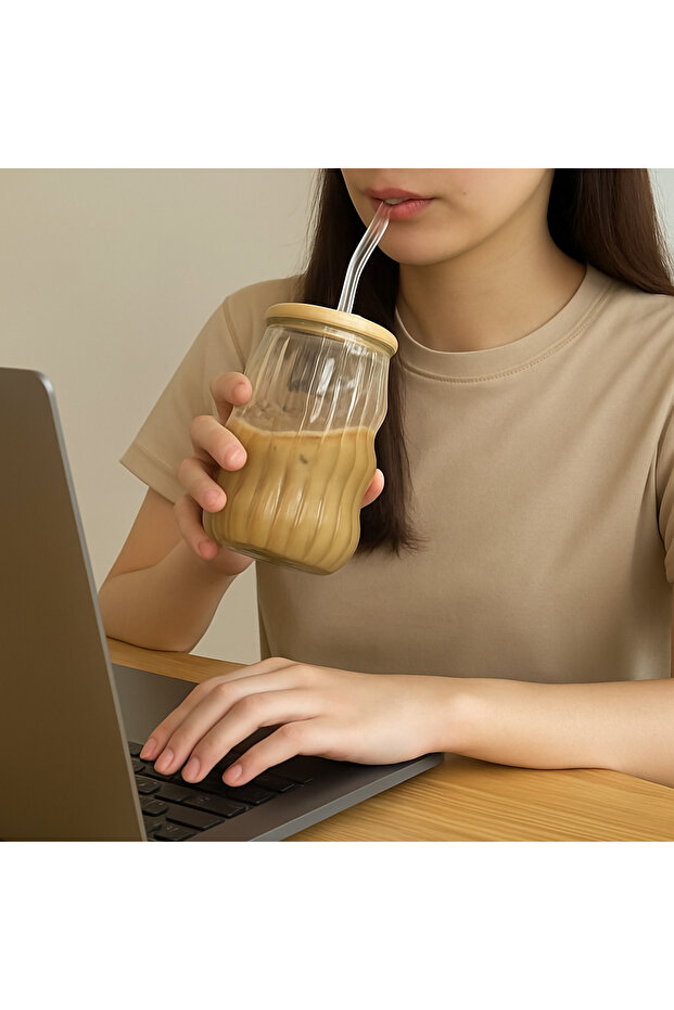Kahve Bardağı Isıya Dayanıklı Ice Latte Cam Pipetli Bardak Kahve Kokteyl Cam Sunum Bardağı 400ml - 5
