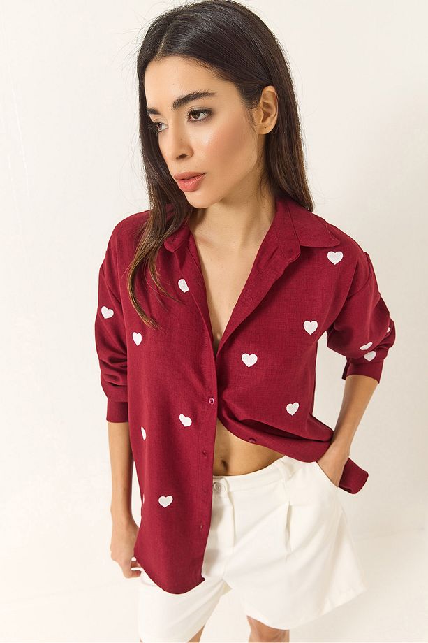 Kadın Nakış Kalp İşlemeli Oversize Gömlek 60251090 - 1