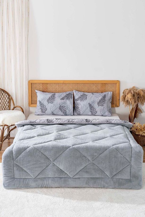 Gri Yaprak Loura Tek Kişilik Çift Taraflı Lüx Wellsoft Yorgan Seti 155x215 cm - 3