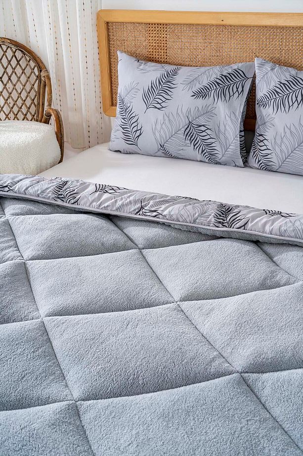 Gri Yaprak Loura Tek Kişilik Çift Taraflı Lüx Wellsoft Yorgan Seti 155x215 cm - 4