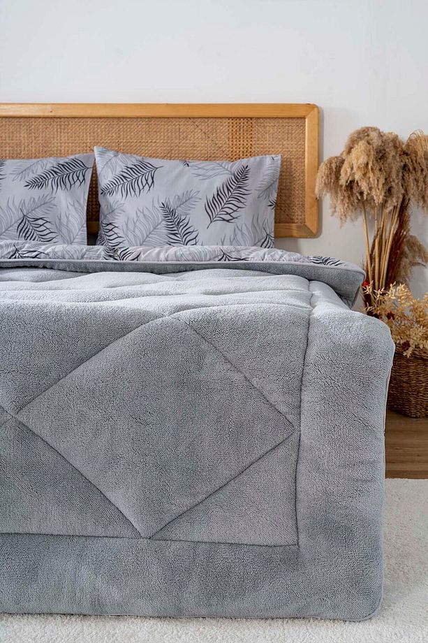 Gri Yaprak Loura Tek Kişilik Çift Taraflı Lüx Wellsoft Yorgan Seti 155x215 cm - 1