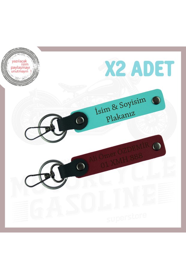 Motorcyclist 2-Piece Keychain with Special Name and Plate for Companion, Original Gift Accessory, Turquoise-Claret Red