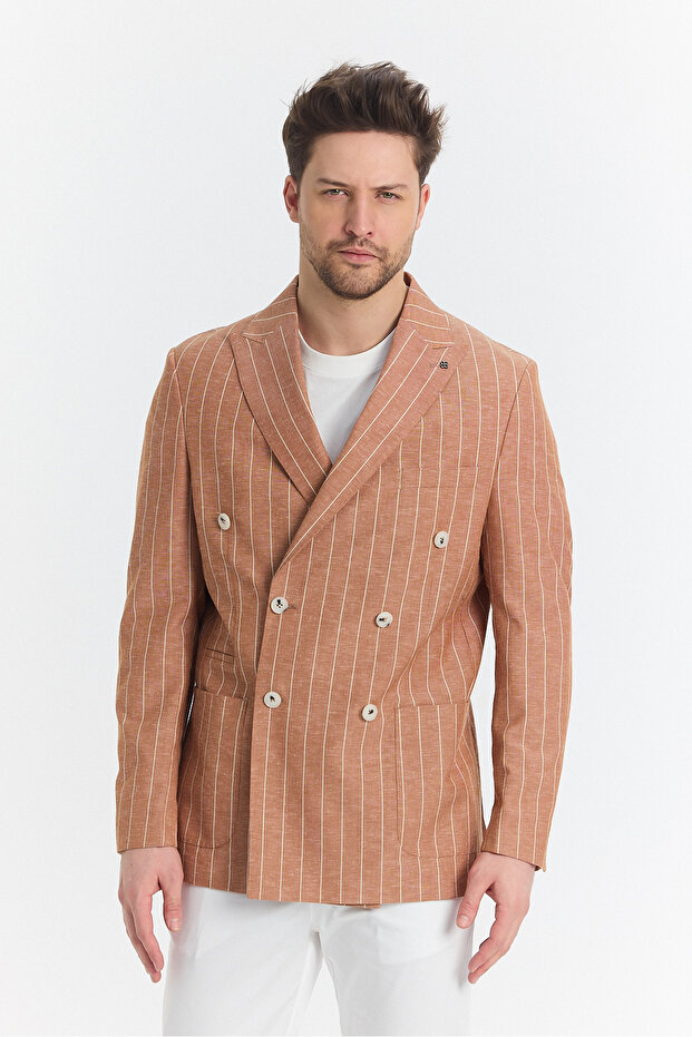 Vitao Men's Tile Italian Striped Double Breasted Half Lined Slim Fit Sports Blazer Jacket