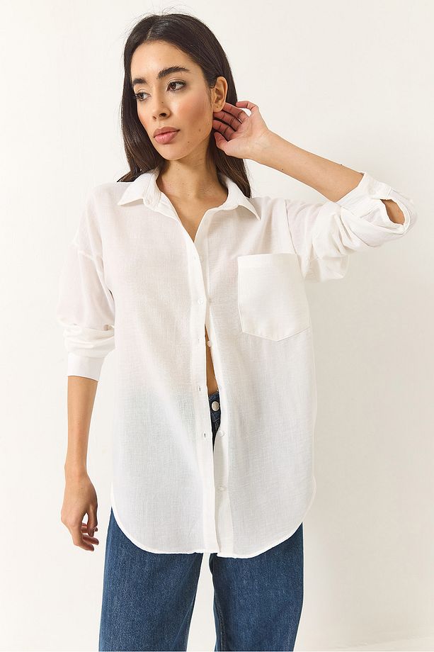 Kadın Oversize Tek Cep Detaylı Keten Gömlek 20153 60283238 - 4