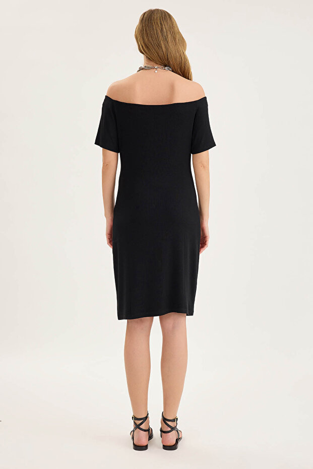 Kayık Yaka Mini Elbise - 4