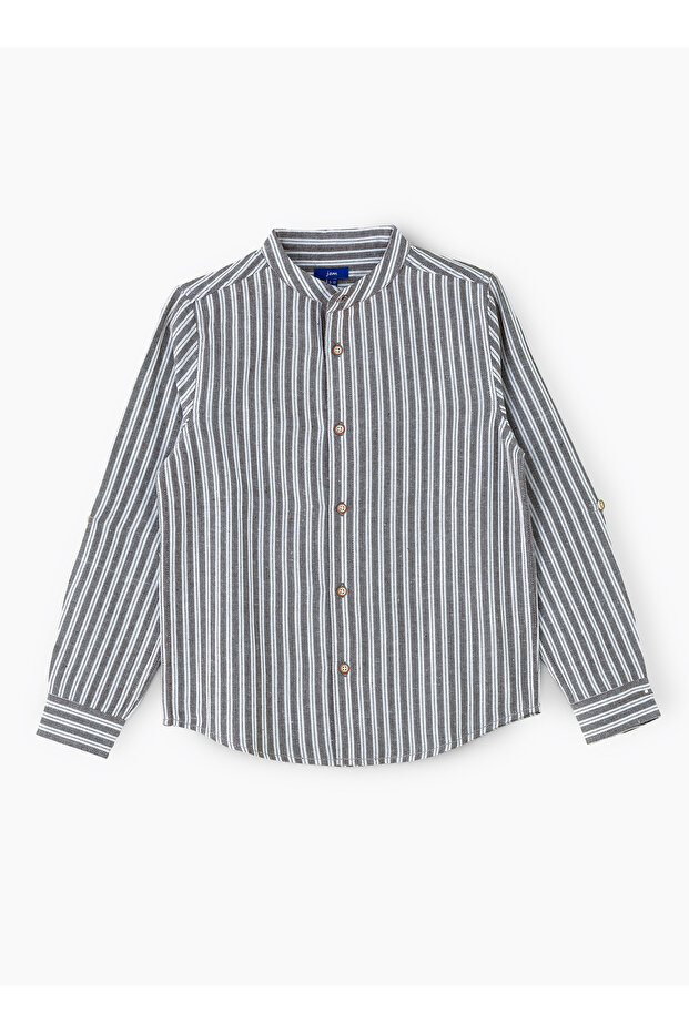 Boys' Grey and White Vertical Striped Cotton Shirt with Mandarin Collar