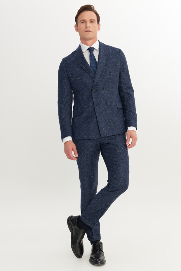 Erkek Lacivert Slim Fit Dar Kesim Kırlangıç Yaka Desenli Takım Elbise - 4