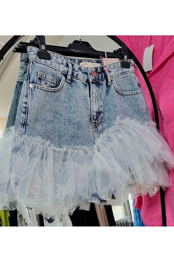 Quzu Kadın Yüksek Bel Mom Denim Tül Detaylı Şort - 2