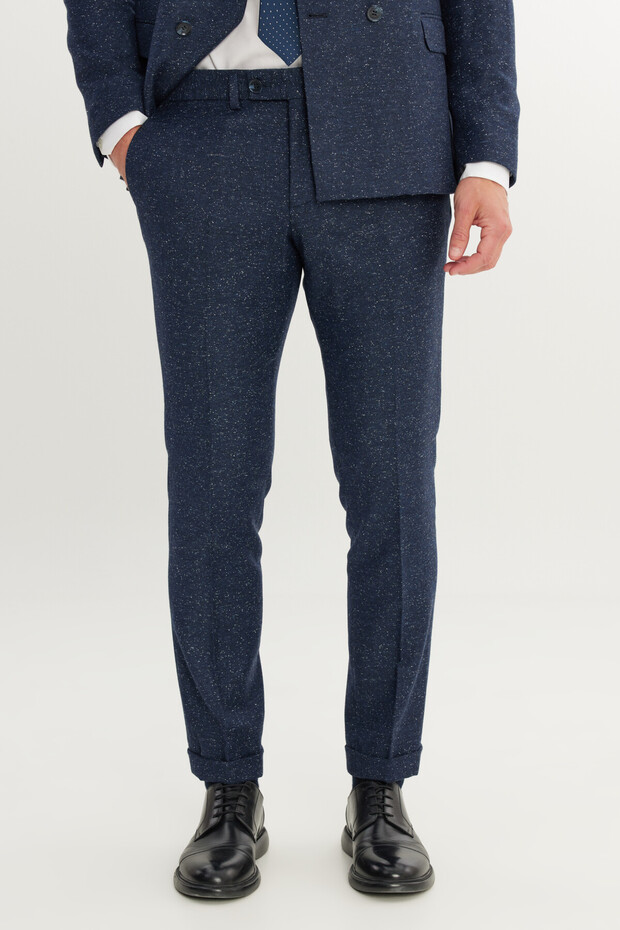 Erkek Lacivert Slim Fit Dar Kesim Kırlangıç Yaka Desenli Takım Elbise - 6