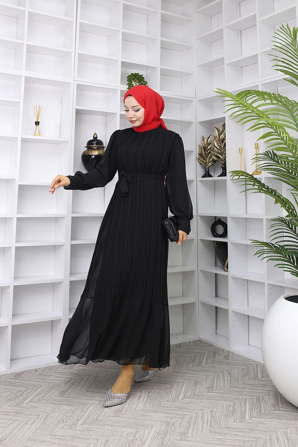 Siyah Piliseli Şifon Tesettür Elbise - 6