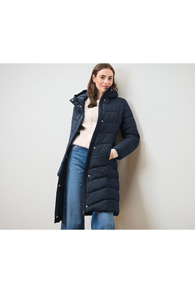 Kapüşonlu Kapitone Manto, Lacivert - 1