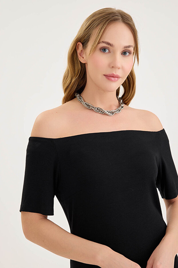 Kayık Yaka Mini Elbise - 6