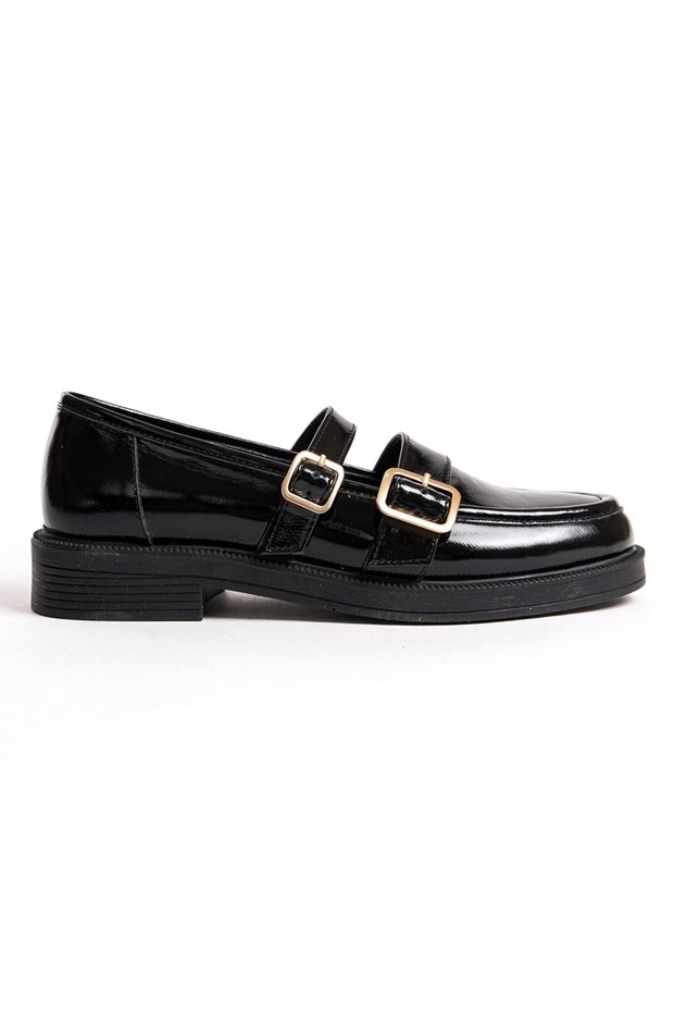 Black Patent Leather Women's Mary Jane Loafer Shoes Double Strap Buckle Moccasin