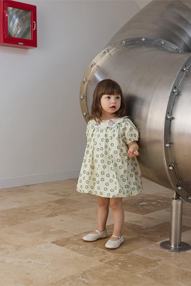 Yeşil Yaka Nakışlı Balon Elbise - 5