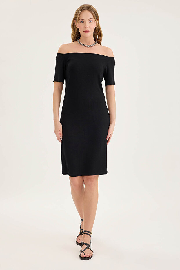 Kayık Yaka Mini Elbise - 3