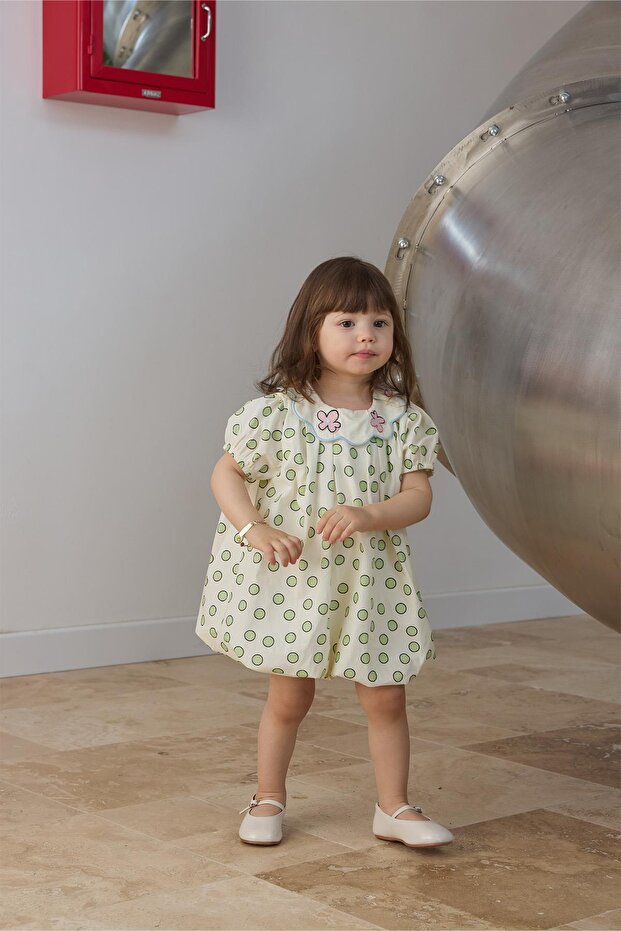 Yeşil Yaka Nakışlı Balon Elbise - 1