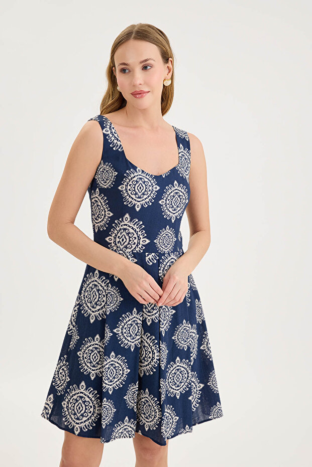 Thick Strap Patterned Pleated Mini Dress - 5