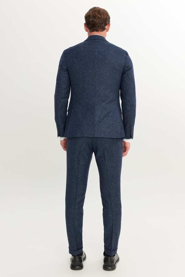 Erkek Lacivert Slim Fit Dar Kesim Kırlangıç Yaka Desenli Takım Elbise - 8