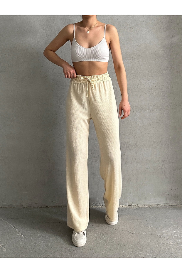 Dámské krémové kalhoty Palazzo s elastickým pasem - 4