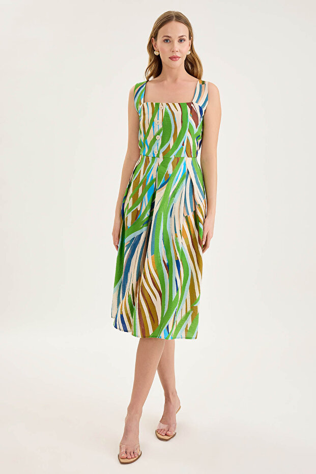 فستان بياقة مربعة وأزرار أمامية وأكمام صفرية - 5