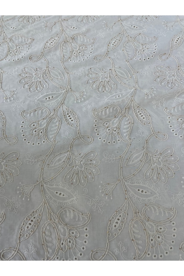 White Embroidered and Sequined Floral Patterned Fabric 1 Meter | Stylish and Elegant Design