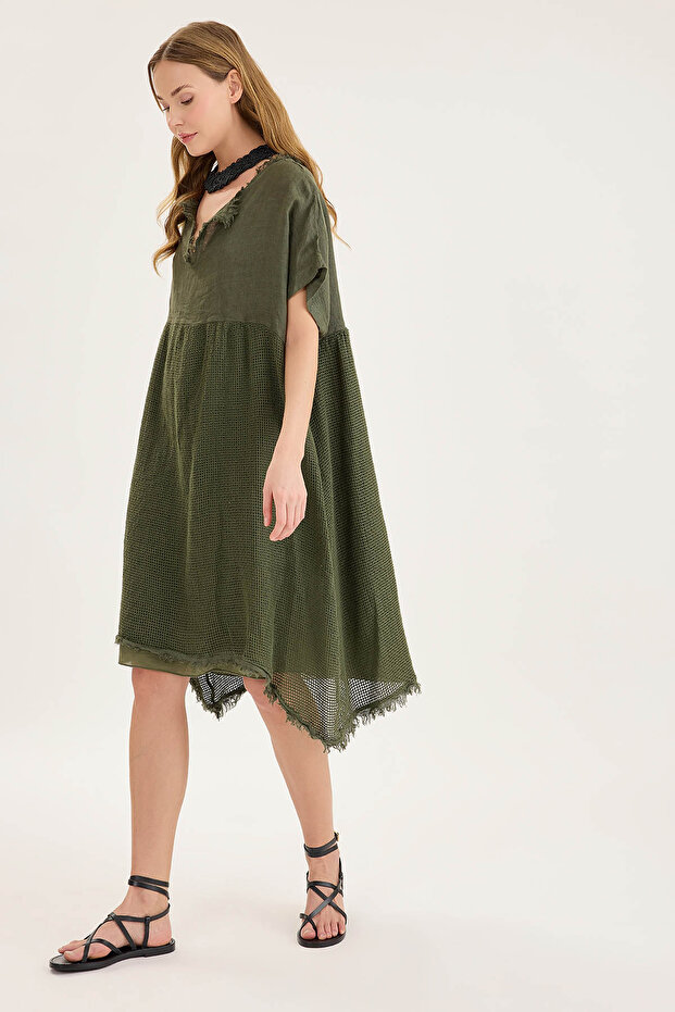 Kısa Kol Etek Kısmı Fileli Keten Elbise - 5