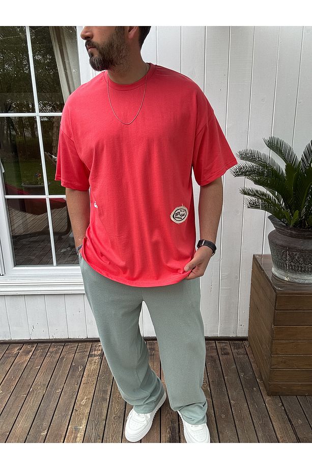 Nar Çiçeği Hasır Patchli Oversize T-Shirt JJ-11 - 5