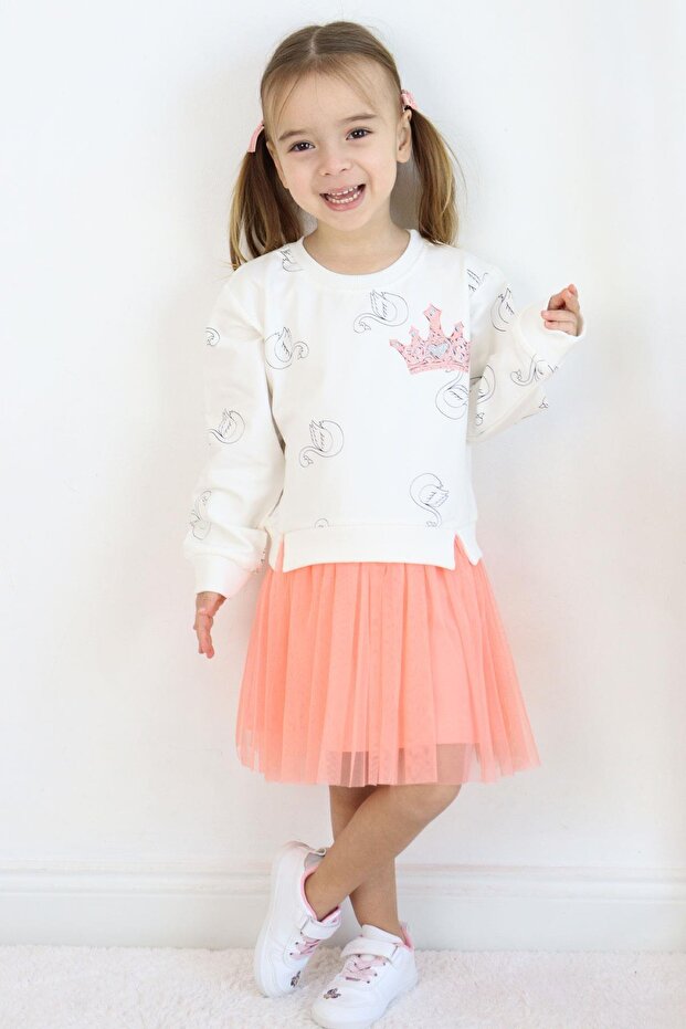 Girls' Long Sleeve Dress Swan Pattern Glitter Crown Printed 1.5-5 Years, Ecru