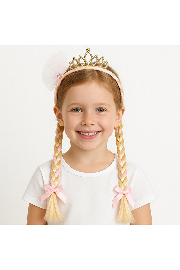 Pink Color Tail Figured Braided Children's Crown Elsa Hair Available in Blue Color