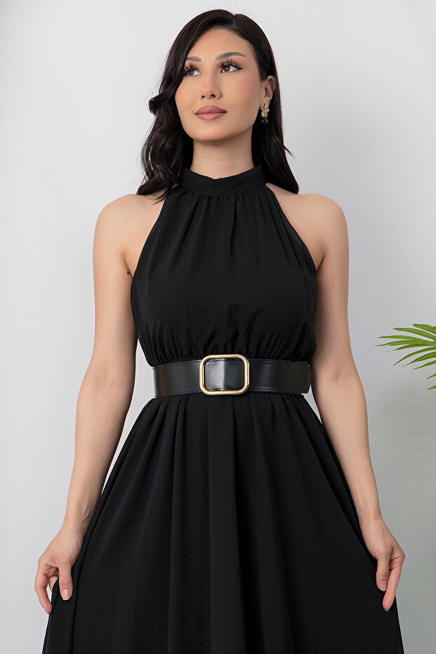 Halter Yaka Kemerli Astarlı Şifon Elbise GRS3734 - 2