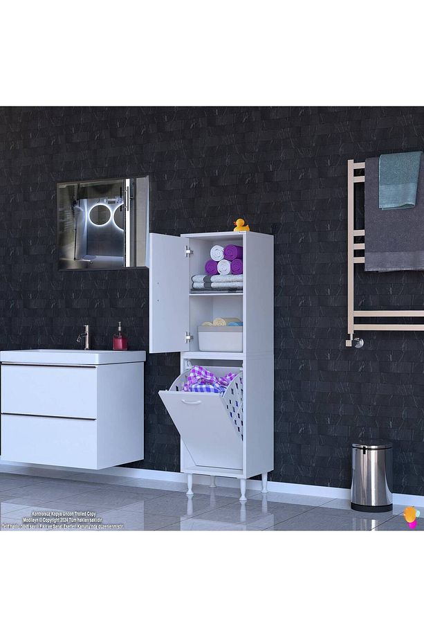 İLKİM 40 x 138 x 32,5 cm' lik Kapak İçi Çift Raflı, Tek Göz Akıllı Çamaşır Sepetli Dolap - 2