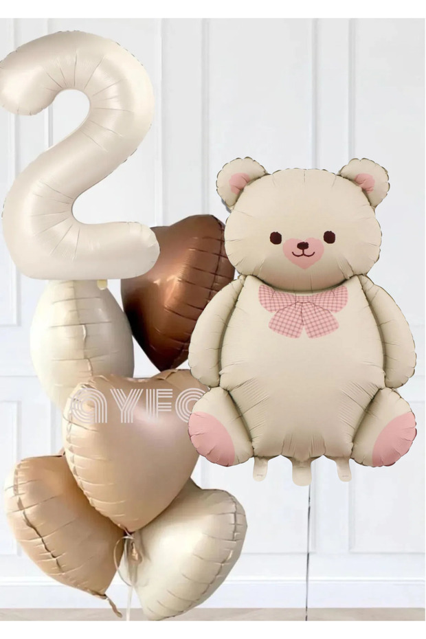 2 Years Old Retro Hearts Cream Number Cream Bear Birthday Balloon Set