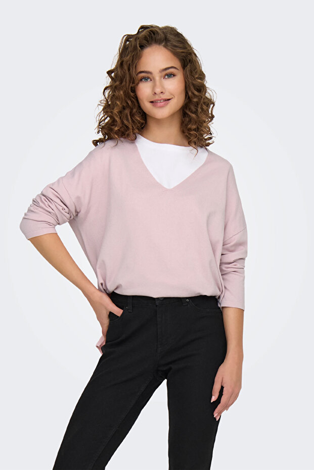 Kadın Oversize V Yaka Basic Kazak - 15340735 - 1