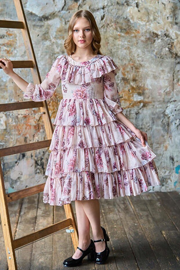 Girl's Rose Patterned Pink Dress with Layered Ruffles at the Collar and Skirt