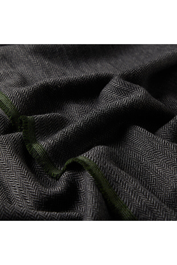 Green Thin Herringbone Patterned Wool Scarf - 2