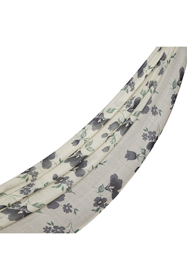 Krem Akasma Desenli Yün İpek Şal - 1