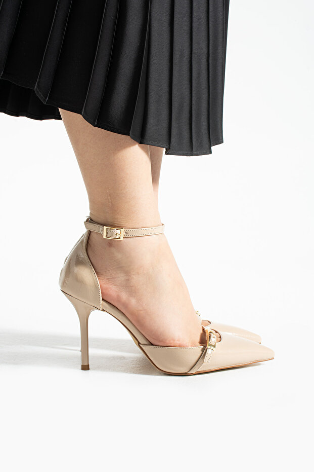 Bej Parlak Kırışık Vegan Deri Stiletto | 9 cm İnce Topuk | Sivri Burun | Şık Rahat Kadın Ayakkabı - 3