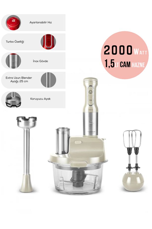 Çırpma, Dilimleme, Doğrama, Blender, Karıştırma 2000W Turbo 1,5LT Cam Hazneli Mutfak Robotu - 1