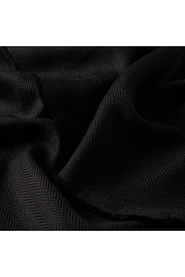 Black Herringbone Patterned Wool Scarf - 2