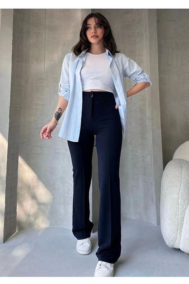 Ön Çımalı Yüksek Bel Esnek Palazzo Pantalon - 3